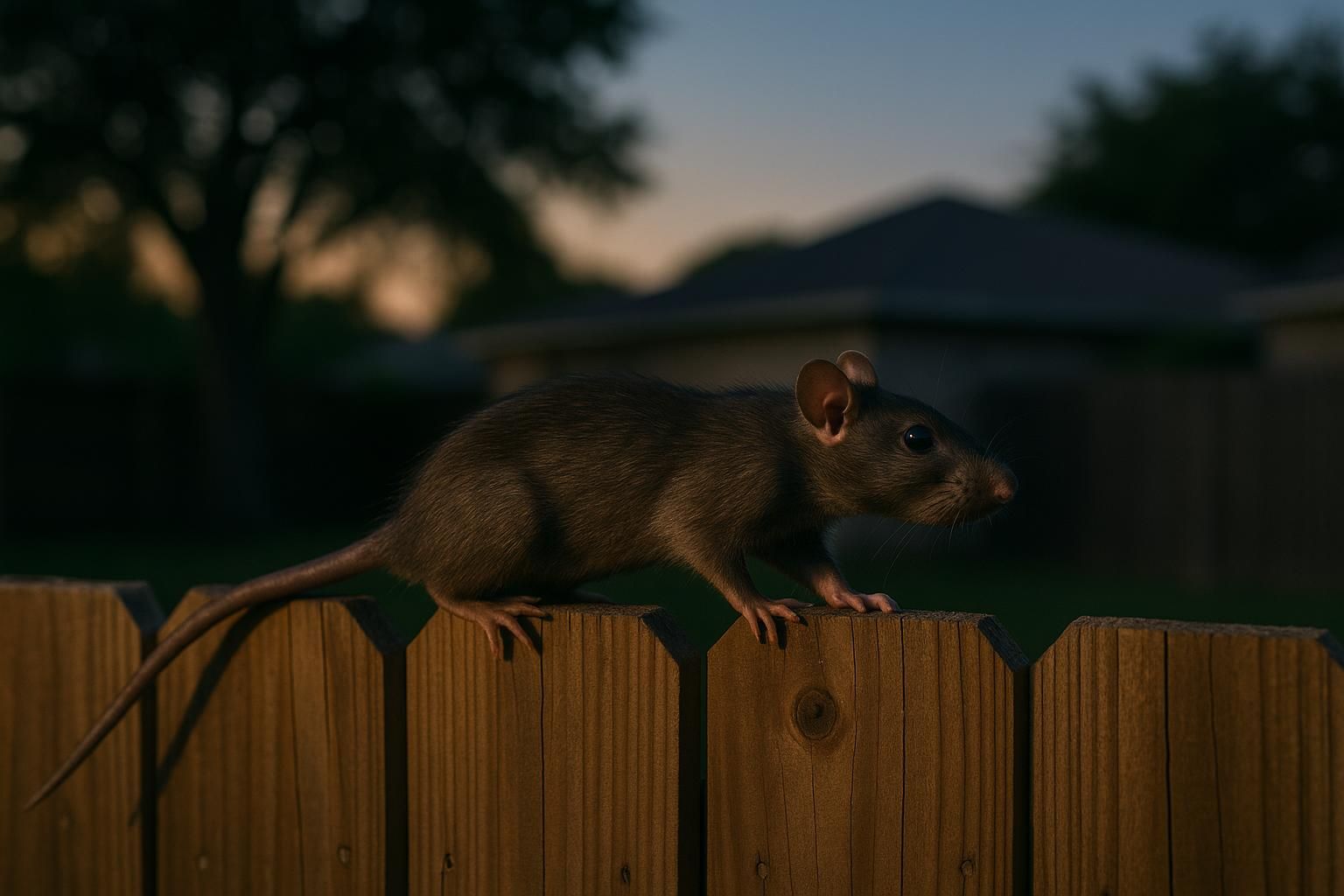 A roof rat on a backyard fence